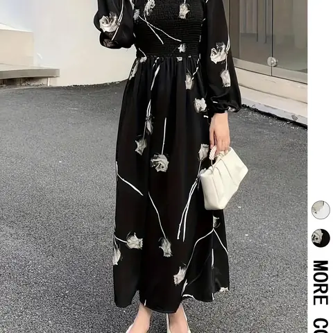 Women's Floral Print Long Sleeve Dress, Elegant Chic Feminine Fashion Casual Fitted A Line Dress, Boho Style Dresses for Daily Everyday Outdoor Wear, Women Dress for Spring Fall, Style, Boho Floral Printed, Bohemian Style
