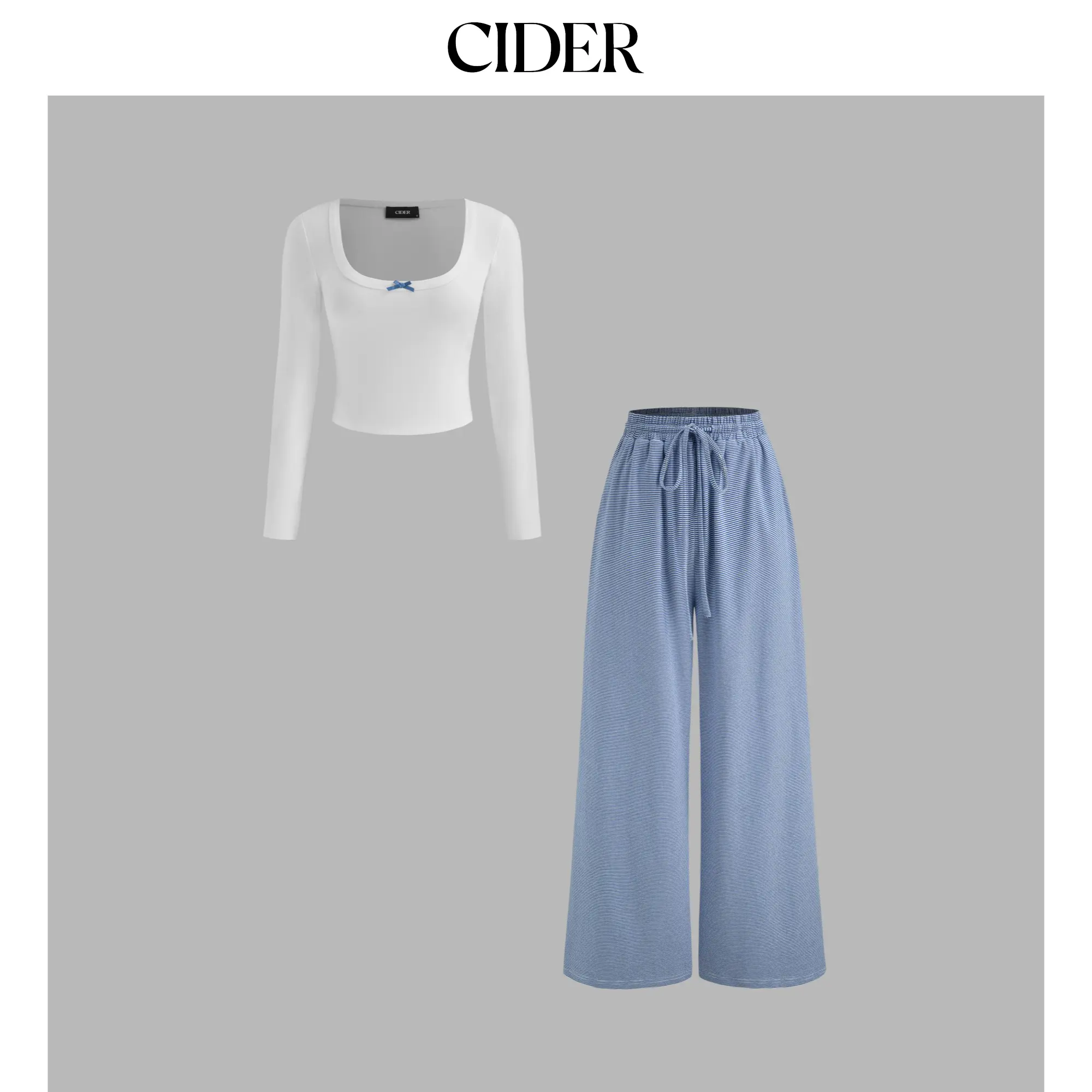 Cider [size 2-10] Cotton-blend Square Neck Bowknot Top & High Rise Striped Knotted Wide Leg Trousers Set