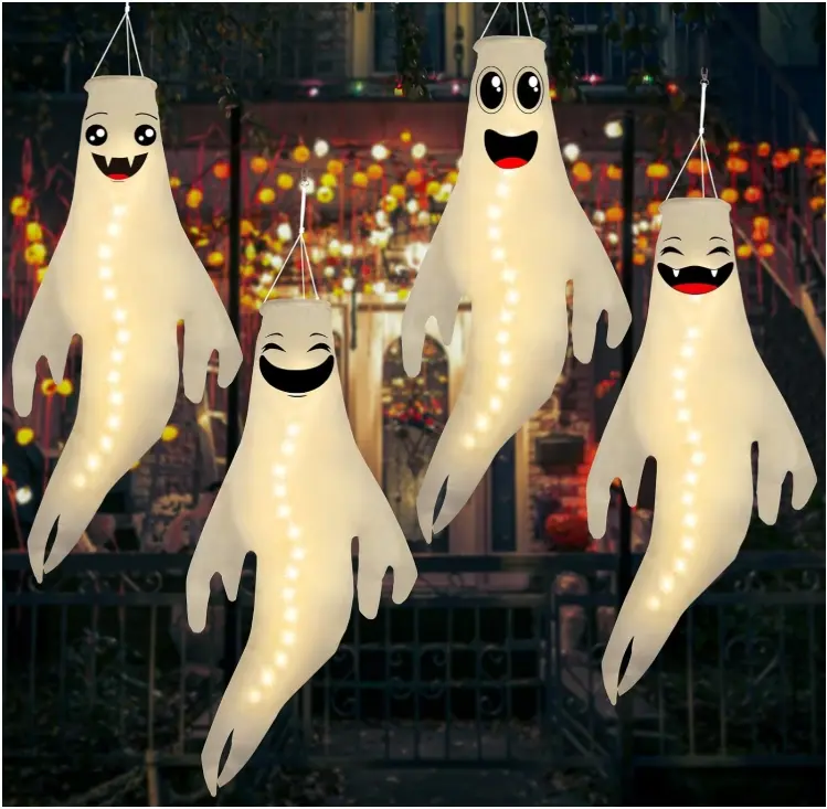 Halloween-Decorations-Outdoor Hanging-Ghost Windsocks for Trees with Timer, LED Ghosts to Hang in Tree Porch Yard, Waterproof, Timer, 4 Pcs (No Batteries)