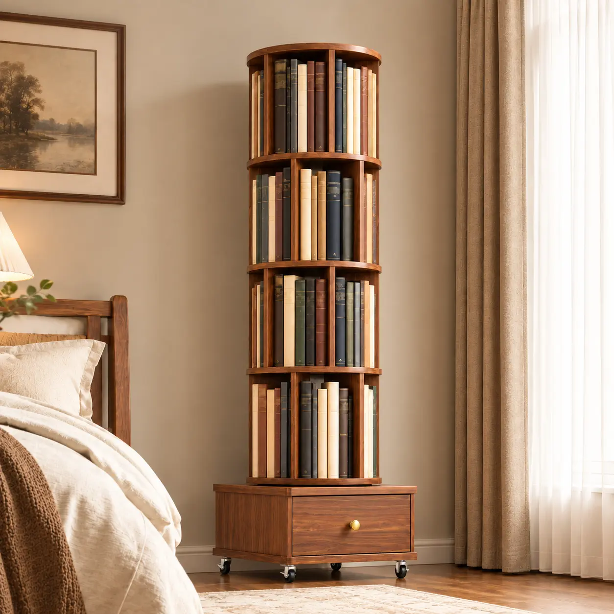 360° Rotating Bookshelf Tower with Storage Drawer and Lockable Wheels, 2–4 Tier Freestanding Wooden Spinning Bookcase, Space-Saving Vertical Book Storage Organizer for Bedroom, Living Room, Small Apartment, Home Office, Study and Reading Nook