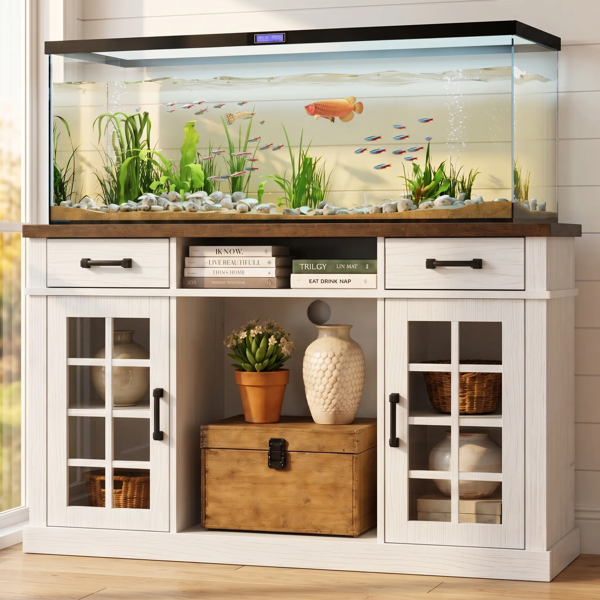 Farmhouse Thick Wood Rectangular Single-Unit Aquarium Stand - 55-75 Gal Capacity, Sturdy Base, Supports 1100lbs, Storage Cabinet for Fish Tanks, Turtle Tanks