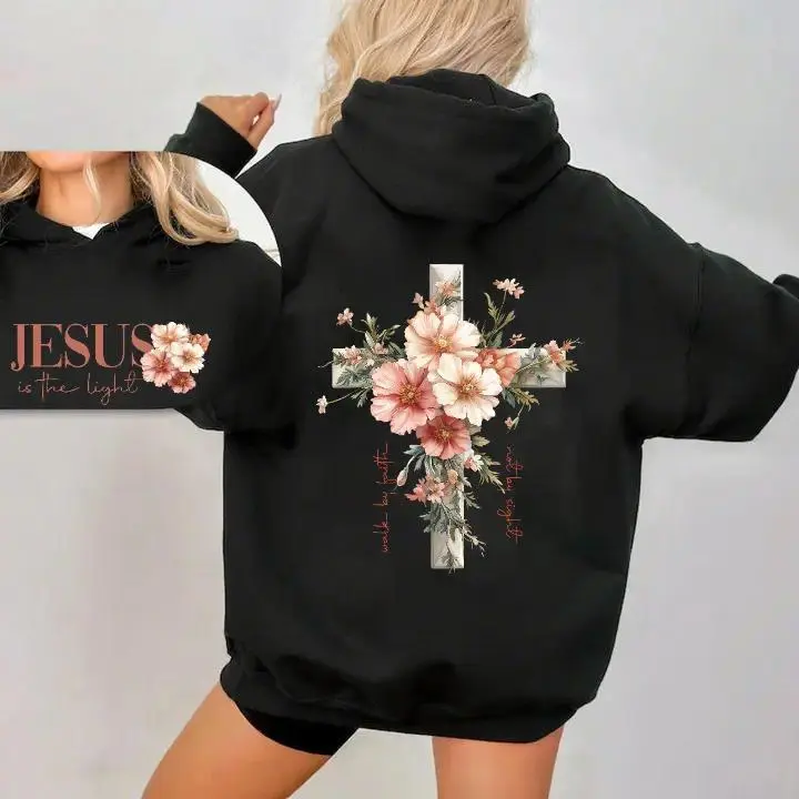 BoldInk Tee Jesus Is the Light Floral Cross Graphic Hoodie Christian Faith Bible Verse 2 Sided Print Hooded Sweatshirt Inspirational Religious Pullover Casual Unisex Streetwear Cozy Everyday Wear Gift for Believers Women Men