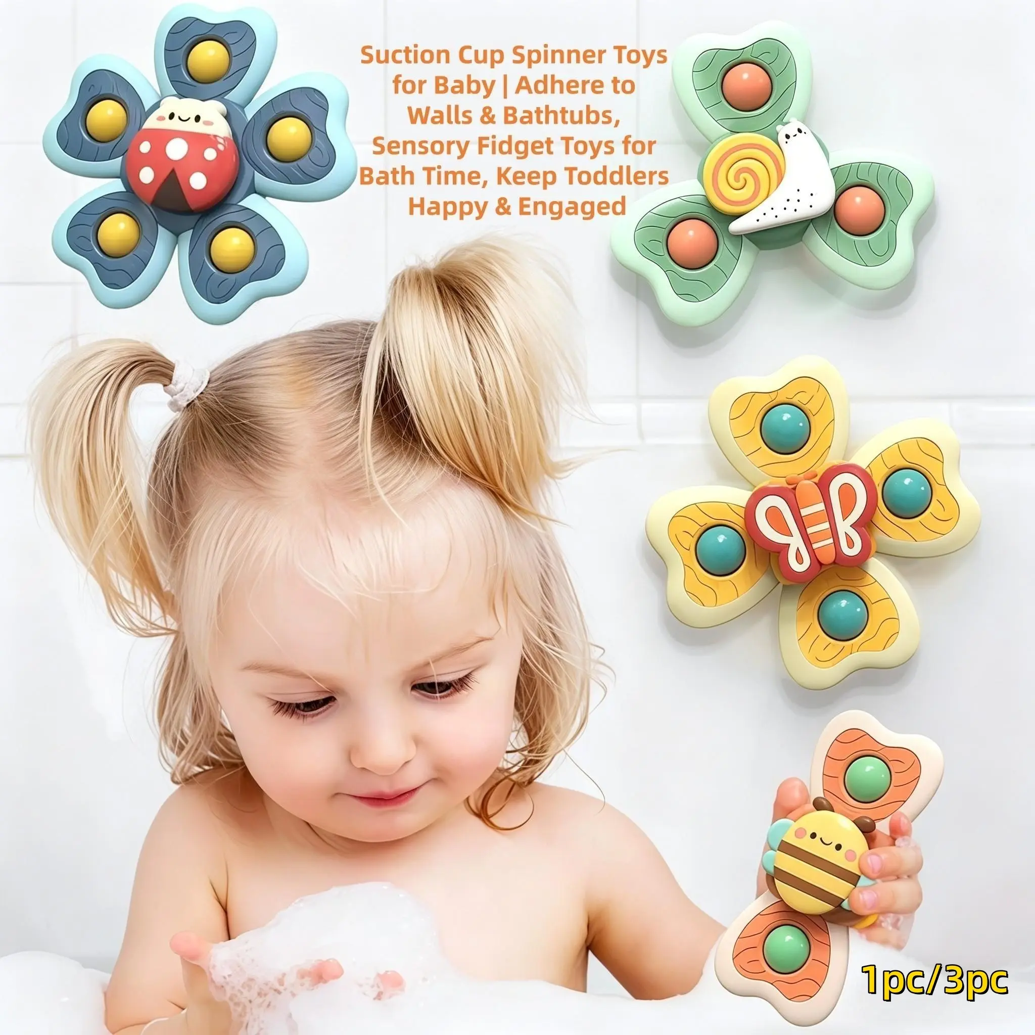 Large Suction Cup Spinning Tops, Colorful Cute Insect Sensory Bath Toys for Toddlers, Fidget Spinner Toy for Travel, Fun Baby Water Play Toys, Gift