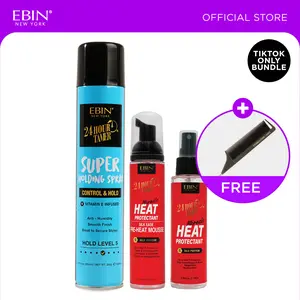 EBIN 24 Hour Tamer Pre-Heat Mousse + Heat Protectant Spray + Holding Spray (Control & Hold) with FREE comb | Silk press, Frizz control, Smooth, Shine ) with FREE comb