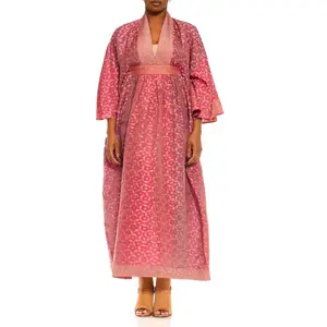 MORPHEW COLLECTION Lilac & Peach Silk Checkered Kaftan Made From Vintage Sari