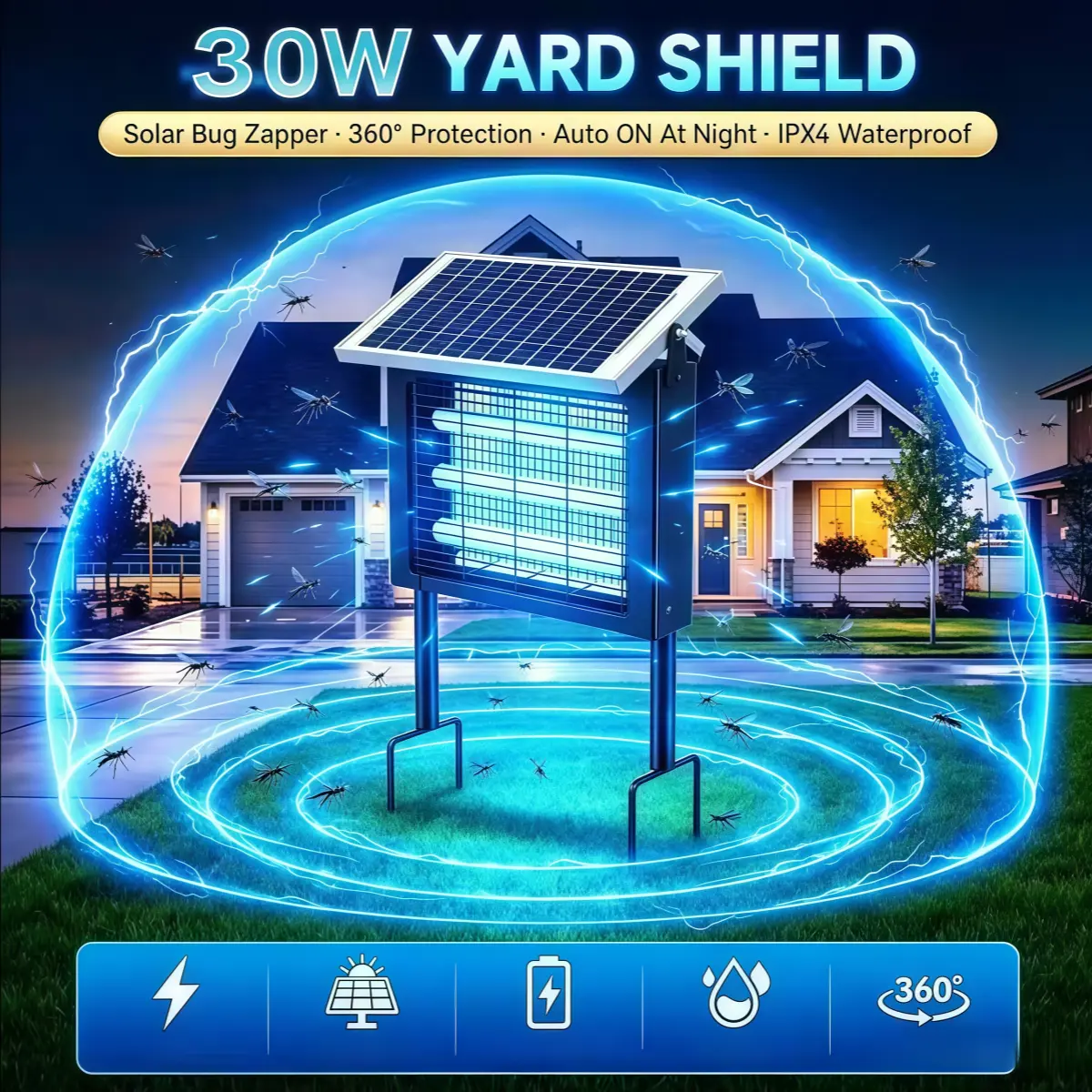 2026 Trending Solar Mosquito Bug Zapper - 4500V Instant Shock Insect Destroyer, IP67 Outdoor Waterproof, Rechargeable UV Light Trap, Indoor-Outdoor Pest Control Lamp for Deck, Courtyard