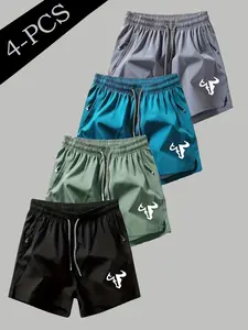 4 Pack American Style Fitness Shorts, Power Trendy, Geometric Bull Print, Quick-Dry Breathable Fabric, Unisex, All Seasons