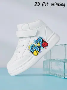 Kids Cartoon Number 67 & Boxing Gloves Print Hook Loop White High Top Sneakers, Casual Shoes for Toddlers Boys Girls, All Seasons