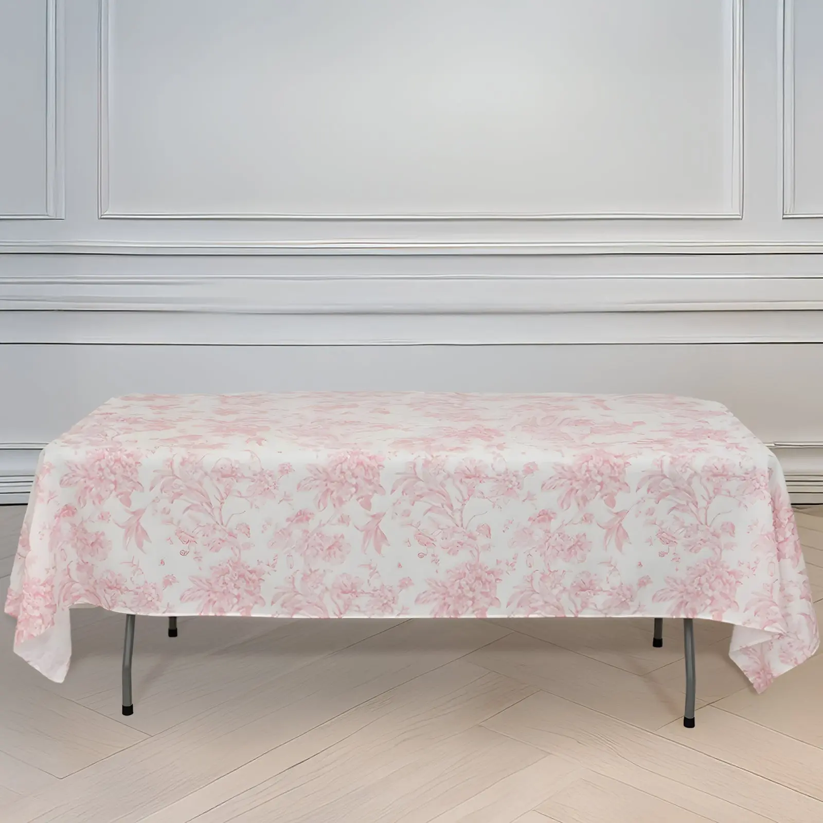 1-Piece White 60"x102" Polyester Rectangle Tablecloth with Pink French Toile Pattern - Washable Outdoor Tablecloth for Chic Weddings, Events, Outdoor Tablecloths