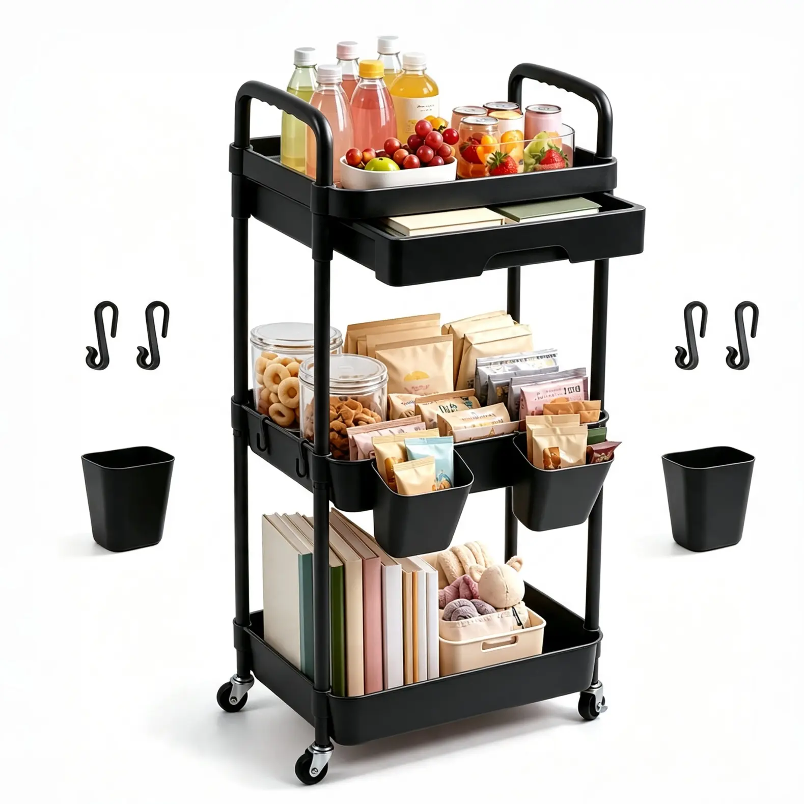 3-Tier Rolling Storage Cart with Pull-Out Drawer & Lockable 360° Wheels, Multi-Purpose Black Utility Organizer Trolley for Kitchen, Bathroom, Salon