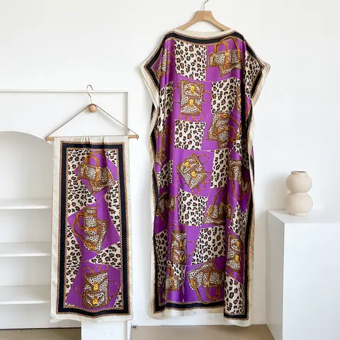 Women Printed Satin Abaya Set, Loose Batwing Sleeve Maxi Dress with Matching Long Scarf, Muslim Hijab Outfit, Islamic Dubai Kaftan for Party Daily Wear