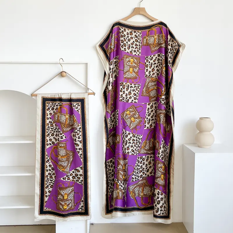 Women Printed Satin Abaya Set, Loose Batwing Sleeve Maxi Dress with Matching Long Scarf, Muslim Hijab Outfit, Islamic Dubai Kaftan for Party Daily Wear