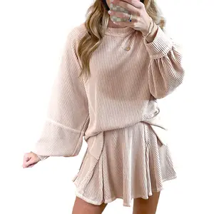 Mntaor Womens Winteroutfit Jet Stream Corded Lantern Sleeve Top High Waist Ruffled Mini Skirt Set - Ruffled Mini Skirt, Fashionable Design, Womenswear