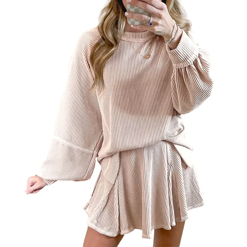 Mntaor Womens Winteroutfit Jet Stream Corded Lantern Sleeve Top High Waist Ruffled Mini Skirt Set - Ruffled Mini Skirt, Fashionable Design, Womenswear