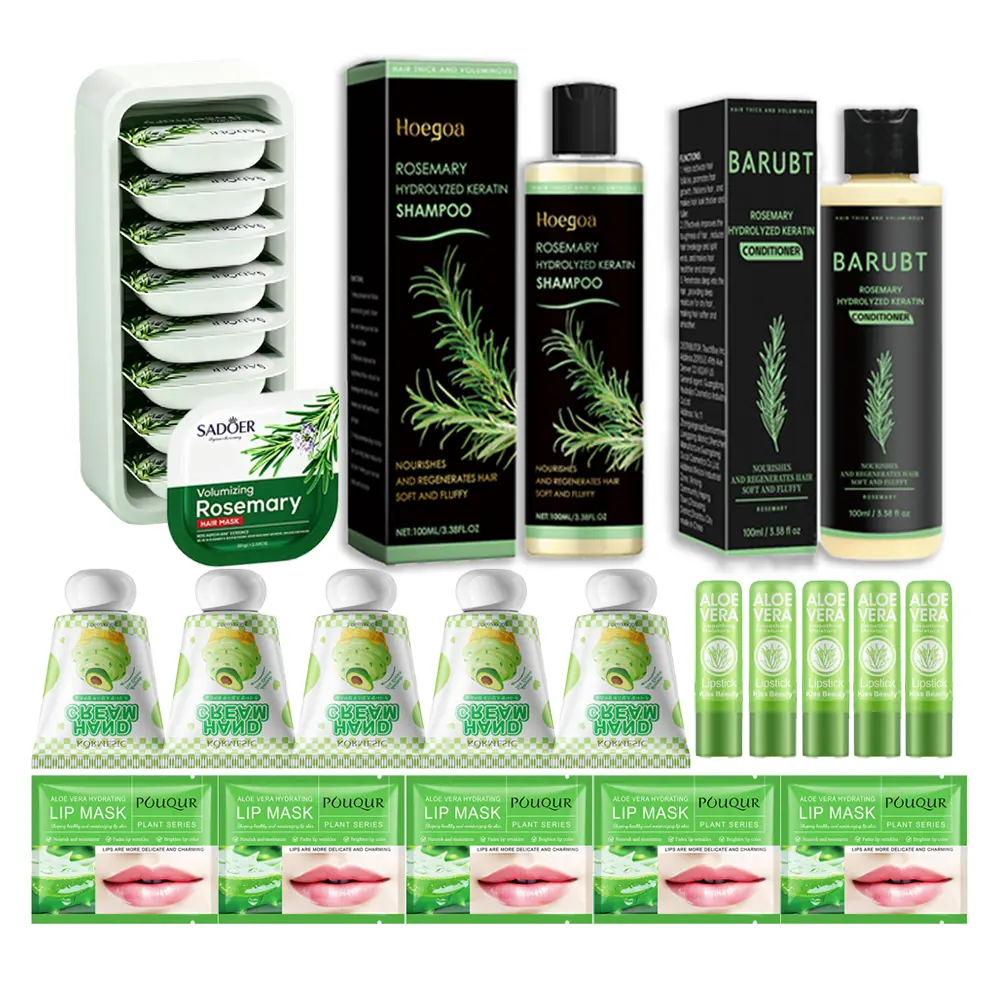 25-Piece Daily Beauty Care Set, 5 Hand Creams, 5 Aloe Vera Lip Balms, 5 Lip Masks, 8 Rosemary Hair Mask Pods, Hydrolyzed Keratin Shampoo & Conditioner, Moisturizing Hair, Lip & Hand Care Gift Set