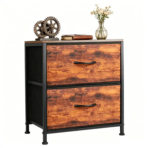 2-Drawer Small Dresser - Nightstand with Wooden Top, Fabric Bins, Sturdy Metal Frame, Adjustable ft, Modern Indoor Home Organizer for Bedroom, Closet