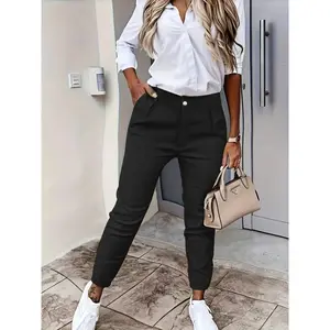 Elegant High-Waist Slim-Fit Pants for Women - Solid Color Black, Polyester, Machine Washable with Slant Pockets & Button Detail, Perfect for Work & Casual Wear