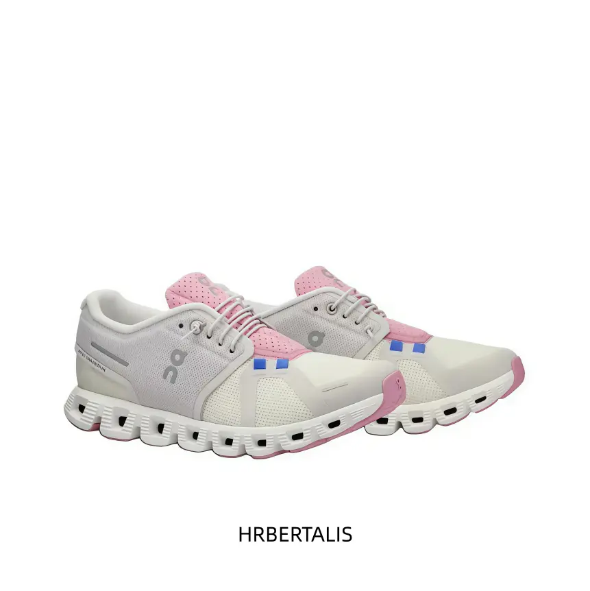 High Cushioning Athletic Trainers, Off-white Light Pink Knit Mesh Upper, Tiny Blue Accents, Flexible Hollow Foam Sole, Non Slip Outsole, Fashion Unisex Jogging Shoes