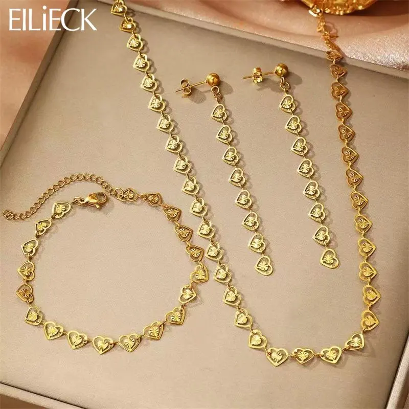 EILIECK 316L Stainless Steel Creative Heart Necklace Bracelet Earrings Set Fashion Gold Color Waterproof Jewelry for Women Girl