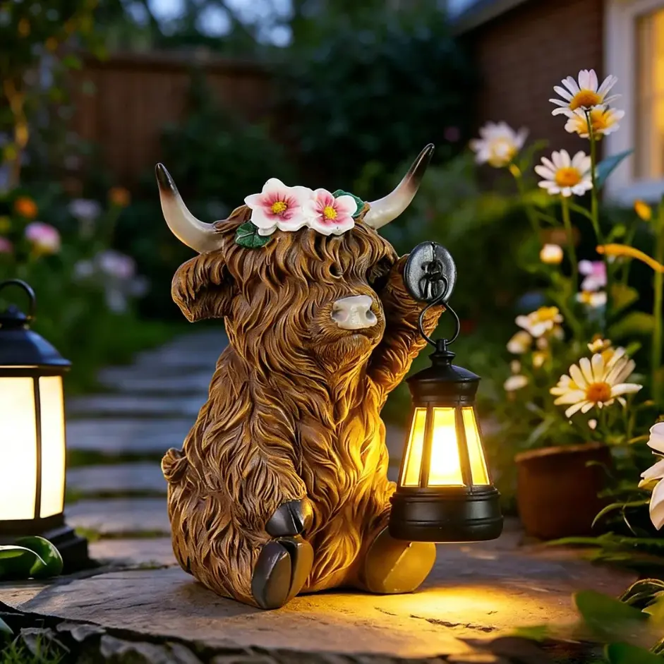 Solar Highland Cow Garden Statue with Lantern - Resin Flower Headdress Figurine, Farmhouse Outdoor Decor for Patio Yd Porch, Whimsical Yak Ornament, Perfect Gift for Cow Lovers, Home Improvement Garden Supply
