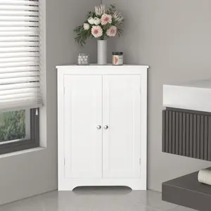 Floor Corner Cabinet with 2 Doors and Adjustable Shelves Freestanding Narrow Cabinet Organizer for Bathroom Kitchen Living Room or Bedroom White Multifunctional Storage