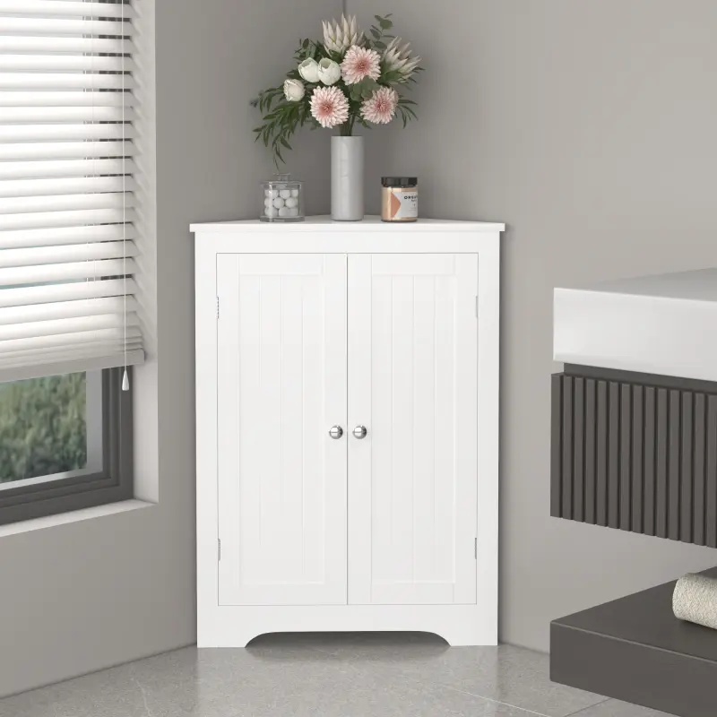 White Freestanding Narrow Width Corner Cupboard - 25kg Engineered MDF Compact Unit, Modern Credenza Sideboard Buffet, 2 Beadboard-Look Doors, Adjustable Shelves, Multifunctional Organizer for Kitchen, Bathroom, Freestanding Cupboard