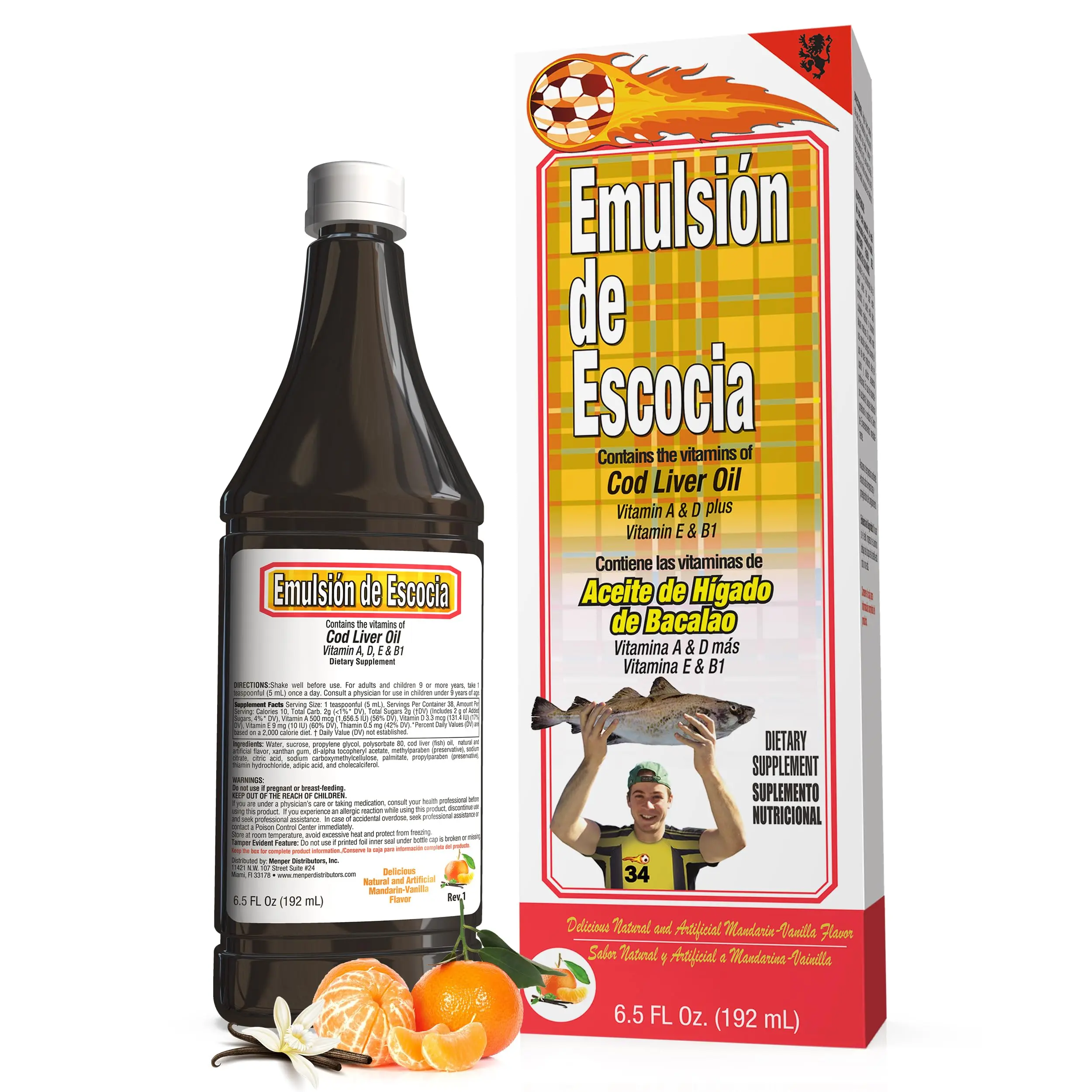 Emulsion de Escocia Natural Scottish Cod Liver Oil Liquid Dietary Supplement - Mandarin-Vanilla Flavor, Vitamins A,D,E,B1, Brain Booster, Immune Boost - For Children Over 4, Adults, Easy Intake, Alper Holdings Inc