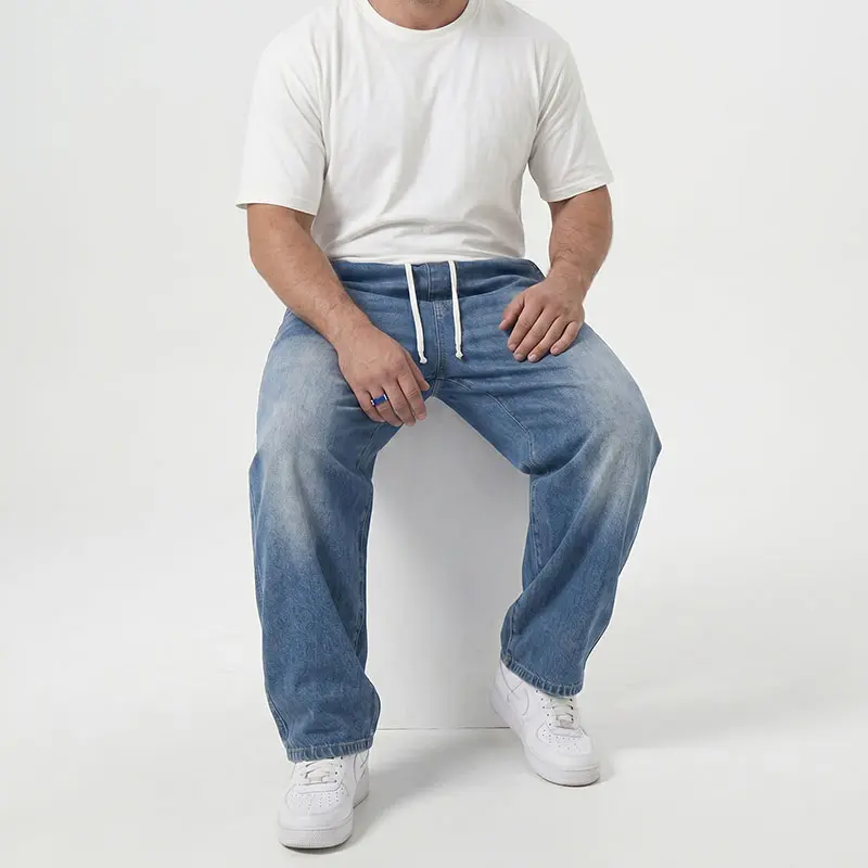 Men's Extra Large Loose-Fit Plain Denim Long Pants - Drawstring Elastic Waist, Below Ankle, American Street Style Menswear Jeans (4XL-9XL), All Seasons