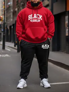 【Plus Size】 Letter Print Sweatshirt & Pocket Sweatpants Set, Casual Long Sleeve Hoodie & Jogger Pants, Black Excelent Men's Two-piece Outfits for Fall & Winter, Clothes