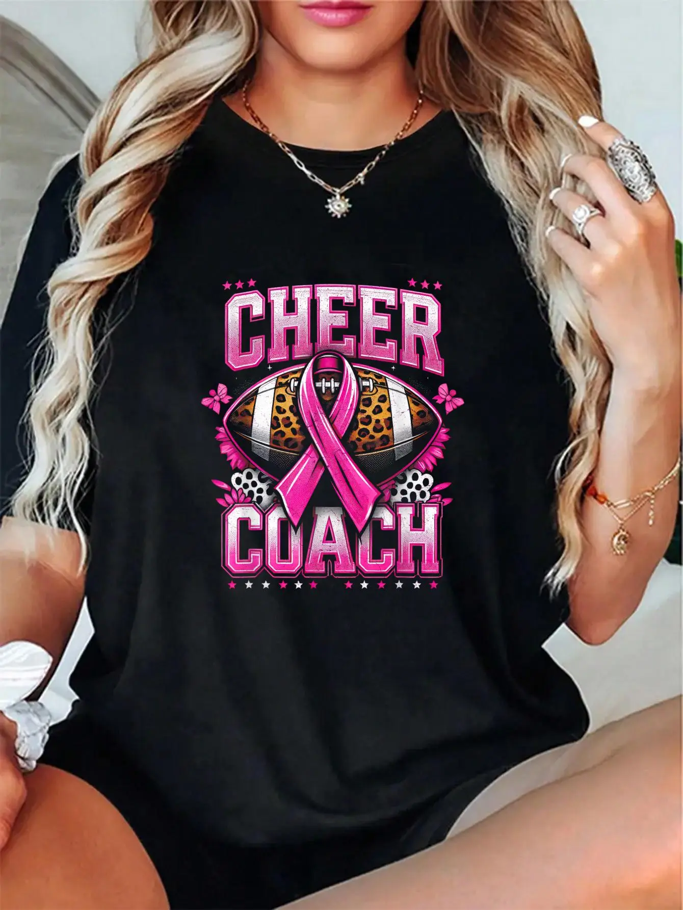 Unisex 100% Cotton Football Cheer Coach T-Shirt - Pink Ribbon Awareness Design - Retro Vibes, Trendy Print, Perfect for Everyday Outfits
