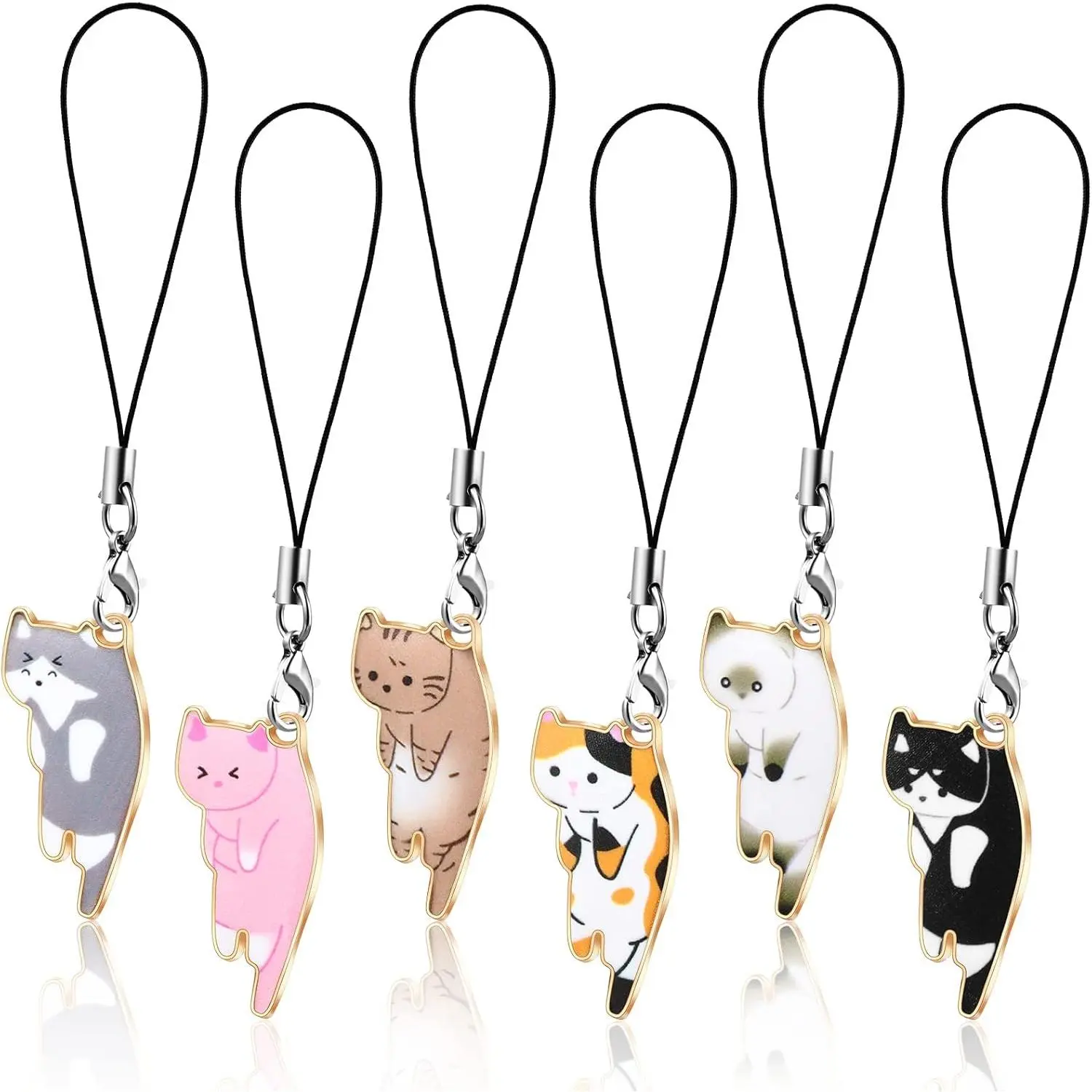 L-PCS003 6-Piece Alloy Metal Kitty Charms Lanyard with Tie-Through Hole, Kawaii Cell Phone Accessory, Cute Pendant for Backpack, Wallet (Multiple Uses)