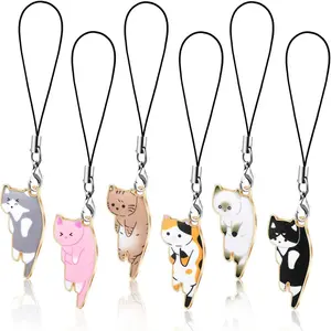 L-PCS003  6 Pieces Cat Charm for Mobile Phone, Kawaii Charms Strap, Cute Hanging Cat for Backpack, Wallet, Keychain Pendant