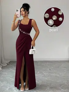 Sleeveless Square Neck Pearl Decor Waist Fitted Ruffle Slit Elegant Romantic Delicate Ladies Dress, Lightweight Party Cocktail Mermaid Hem