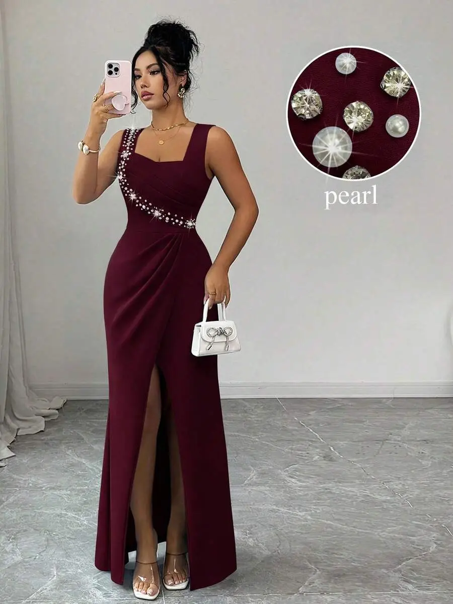 Sleeveless Square Neck Pearl Decor Waist Fitted Ruffle Slit Elegant Romantic Delicate Ladies Dress, Lightweight Party Cocktail Mermaid Hem