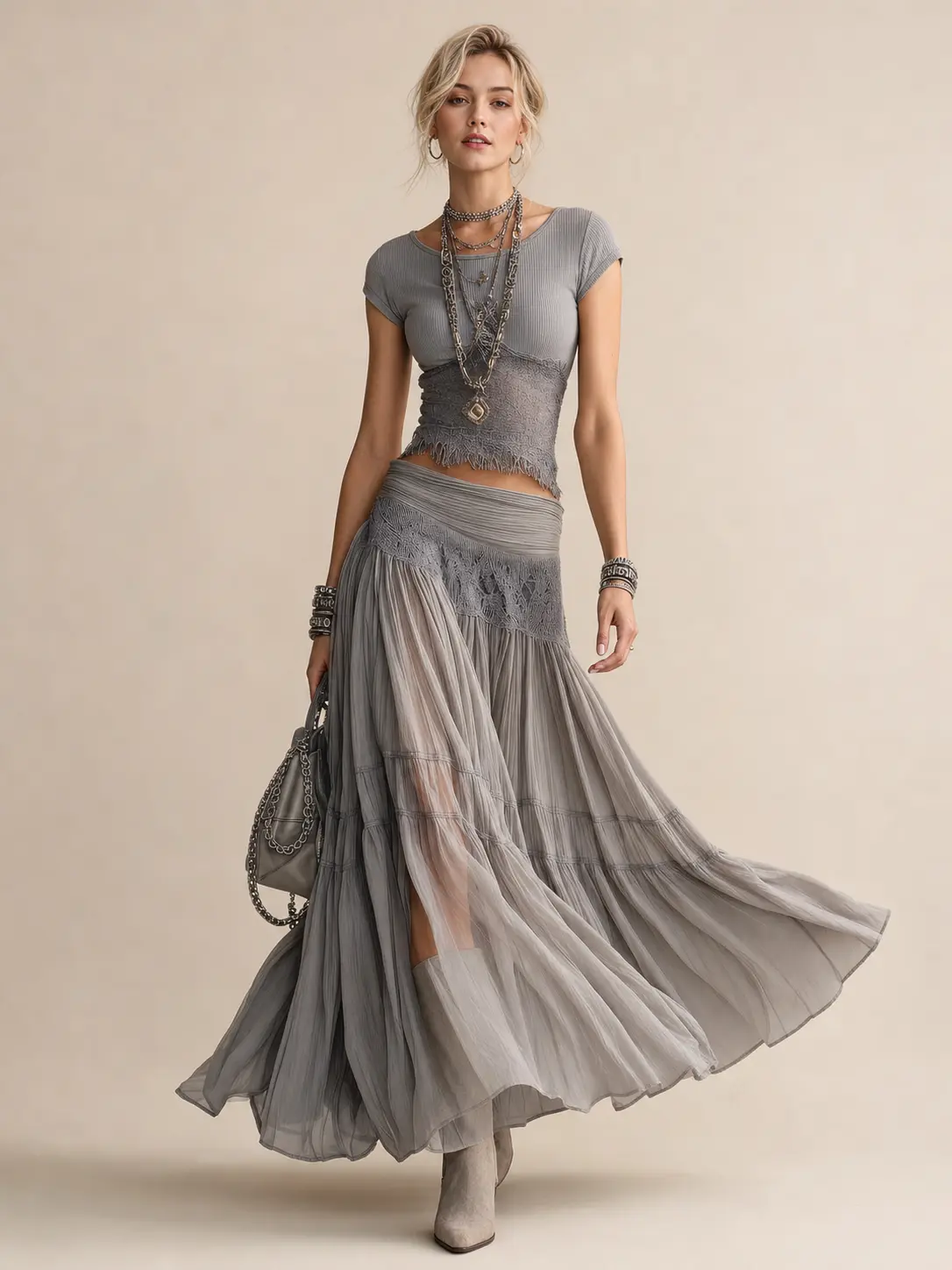 Women's 2026 2-Piece Boho Outfit - Short-Sleeve Ribbed Knit Crop Top, Sheer Ruched Tiered Lace Maxi Skirt, Solid Gray/Black Vintage Bohemian Vacation Beach Co-Ord Set