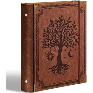 Leather 3 Ring Binder Fits 8.5"x11" Letter Size Paper, 1 Inch Round Ring Binder Holds 200 Sheets, Notebook Cover Loose Leaf Organizer, Green Tree