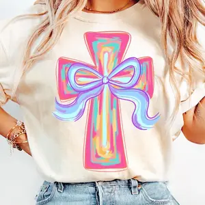 Cross Easter Pink Brushstroke Tshirt, He Is Risen Shirt, Cross Coquette Bow Tee, Pink Bunny, Girls, Preppy Easter T-Shirt