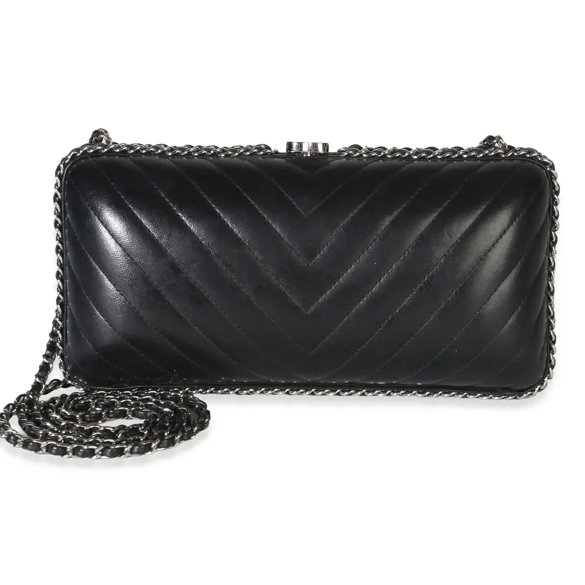 Pre-owned CHANEL Leather Clutches & Wristlets NY157494 Black Chevron Lambskin Chain Around Box Clutch