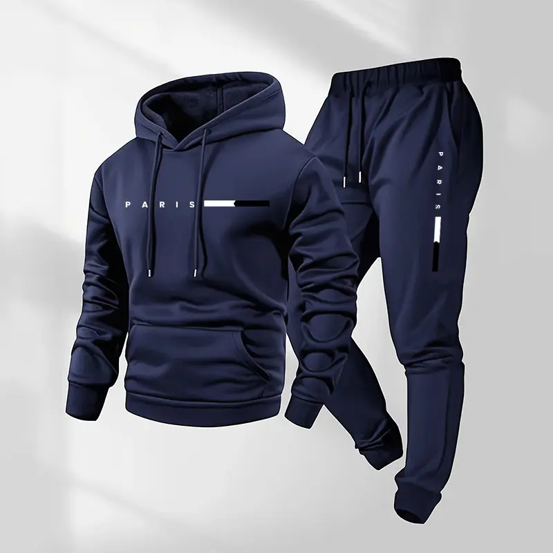Men's Paris Letter Printed Hoodie & Drawstring Sweatpants Set
