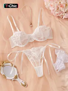 Loungewear set Women's Sexy Lace Embroidery Lingerie Set Underwear, Bra Sets, 12-Piece Bra, Thong & Socks, Fitted Comfortable Design, All-Seasons Wear, High-Quality Smooth Fabric, White Color