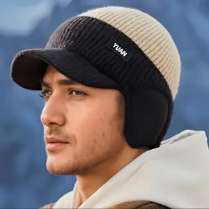 Men's Winter Knitted Ear Protection Duckbill Hat with Fleece Lining Warm Windproof Cap for Outdoor Cycling Cold Weather
