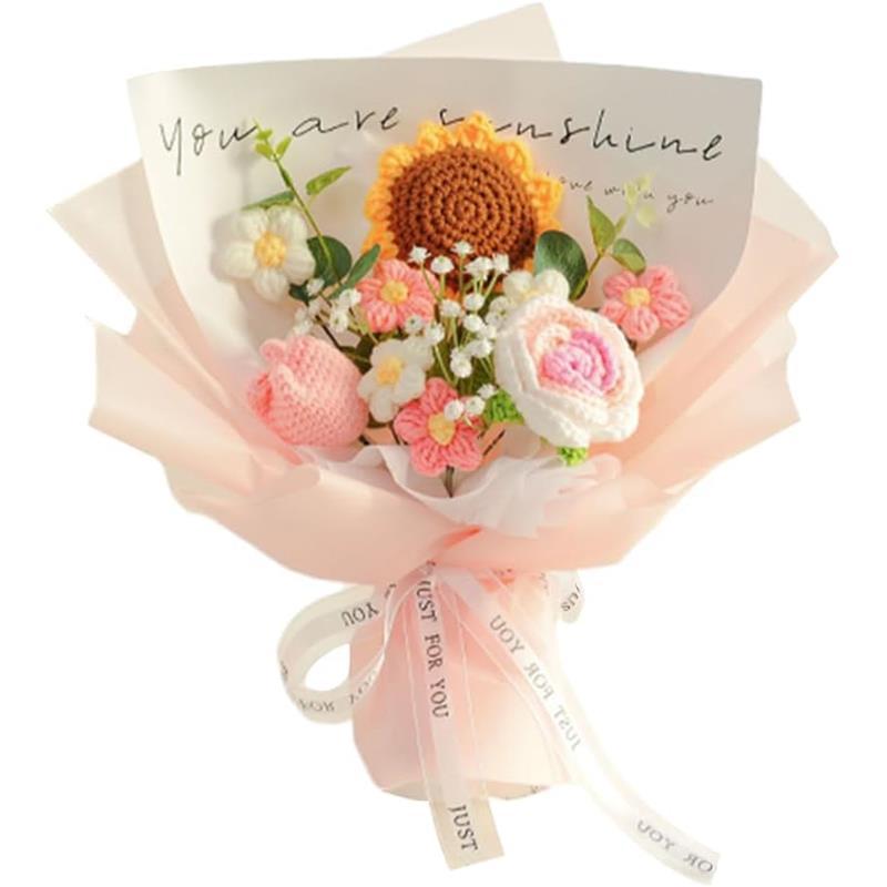 Crochet Flowers Bouquet Sunflower Rose : Handmade Knitted Bouquet for Valentines Day Mother's Day Birthday Home Decor Girlfriend (Pink)