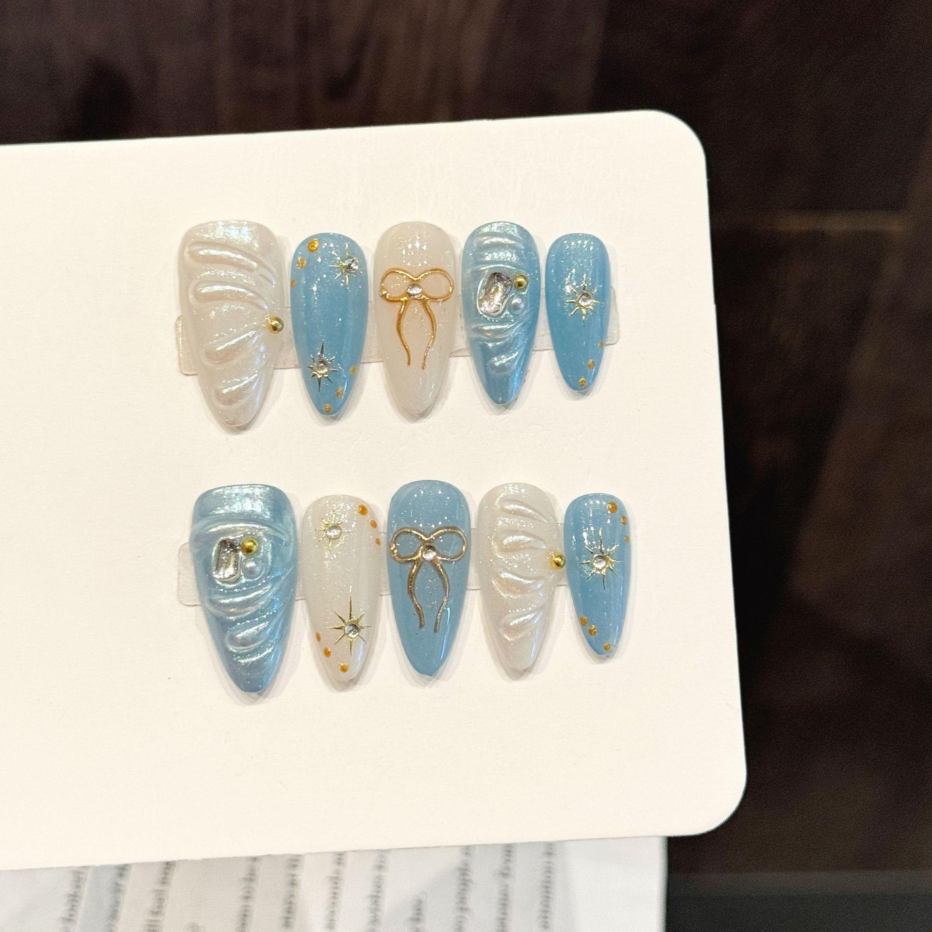 【Lucy UU】Gorgeous Ice Blue Milky White 3D Wave Bow Press On Nail Medium Almond Shape Handmade Reusable Luxury Fake Nails With Rhinestone Star Accents For Women