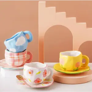 Handmade Cute Ceramic Coffee Mug with Saucer Handpainted Asymmetrical Drinkware Tumblers