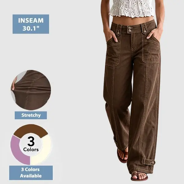 Flamingals Button Tab Stitch Detail Mid Waist Relaxed Straight Leg Pants Stretchy 30.1'' Inseam