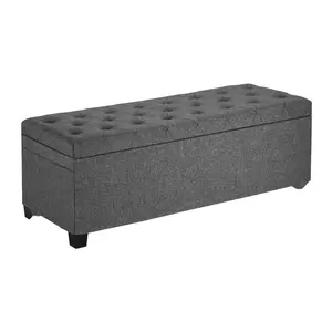 Storage Ottoman Bench With Flip-Top Lid, Button-Tufted Upholstered Seat, Hidden Storage Chest, Side Pockets, Sturdy Metal Frame, Linen Grey Finish, Ideal For Living Room, Bedroom, Entryway, And Home Office Decor