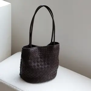 Handwoven Genuine Lambskin Bucket Bag – Large Shoulder Handbag crossbody