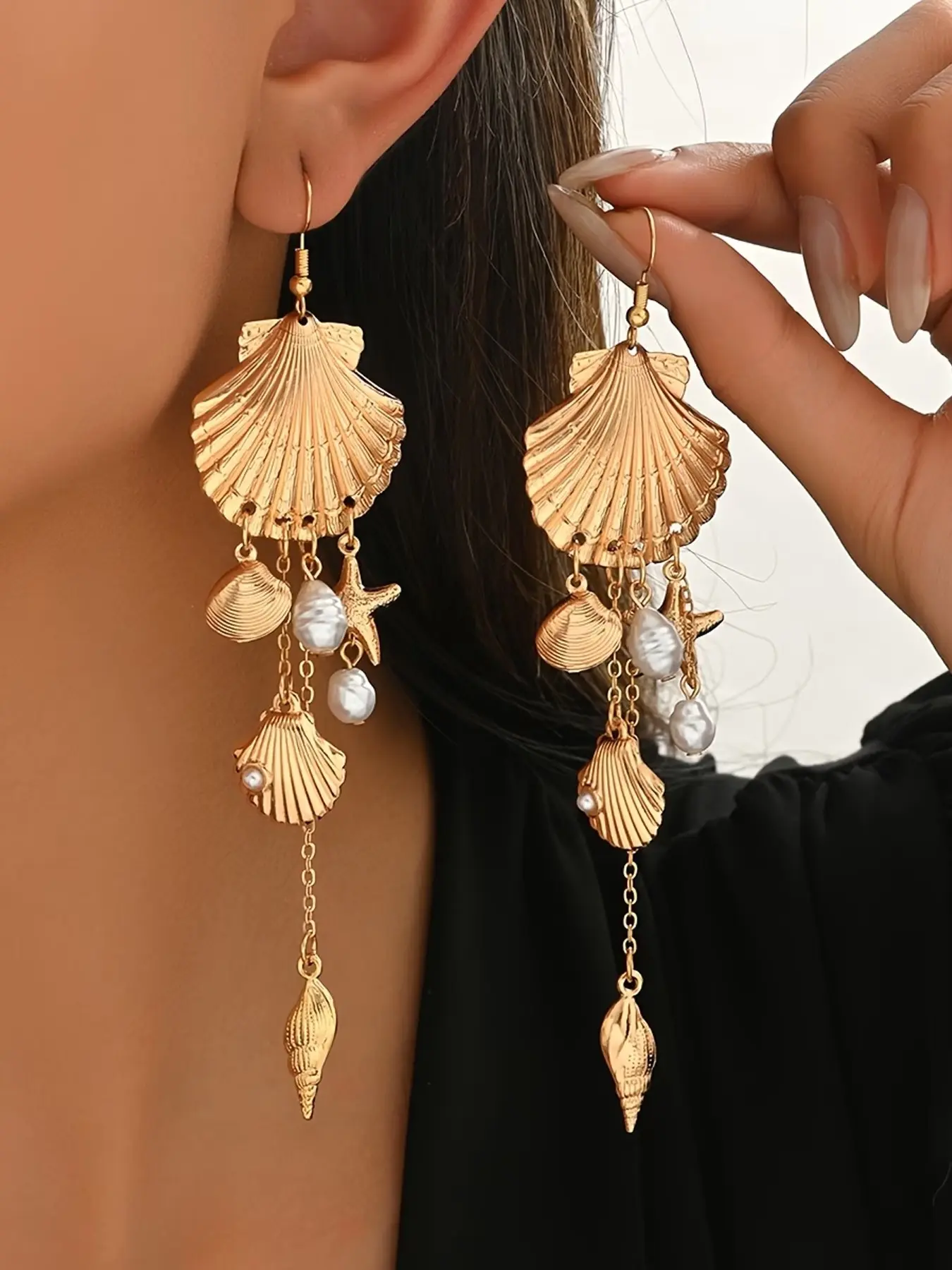 Women's Bohemian Sea Shell & Starfish Imitation Pearl Earrings, Shell, Starfish & Tassel Design, Perfect for Daily Wear & Party, Ocean Vibes Dangles