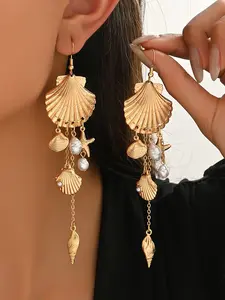 Women's Bohemian Sea Shell & Starfish Imitation Pearl Earrings, Shell, Starfish & Tassel Design, Perfect for Daily Wear & Party, Ocean Vibes Dangles