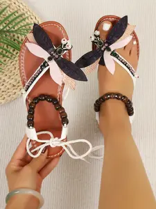 Summer Dragonfly Rhinestone Toe Post Sandals, Soft Sole Lightweight Ethnic Style Shoes for Women, Casual Summer Footwear